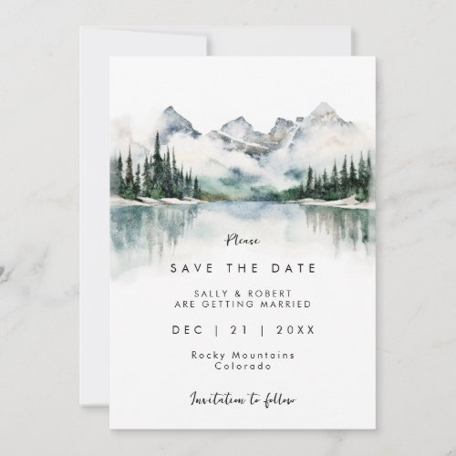 forest mountain lake winter save the date thank you card
