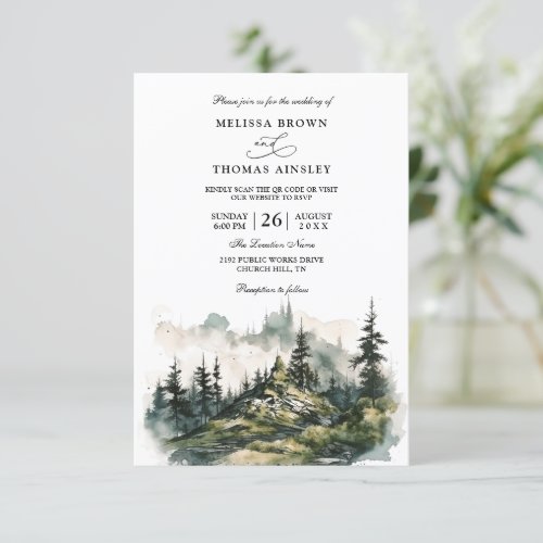 Forest Mountain Landscape Budget QR Code Wedding Invitation