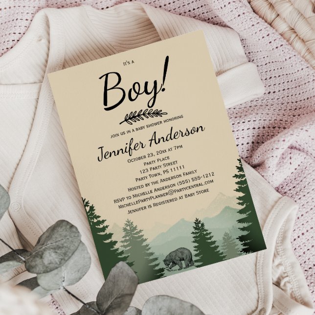 Forest Mountain Pine Country Bear Boy Baby Shower Invitation