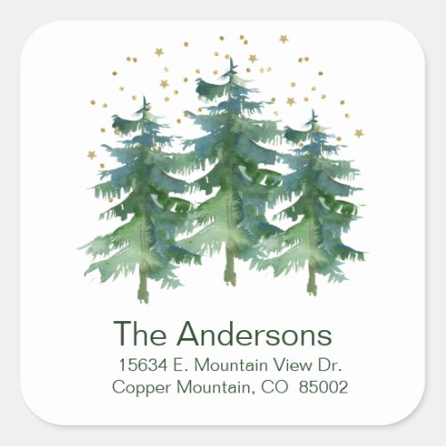Forest Mountain Pines Watercolor Return Address Square Sticker