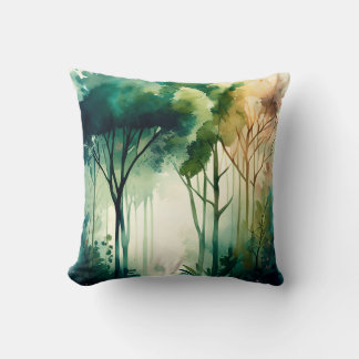 Forest Mountain River Watercolor Nature Throw Pillow