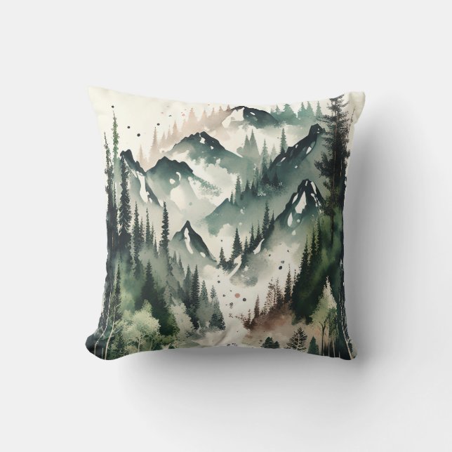 Forest Mountain River Watercolor Nature  Throw Pillow (Front)
