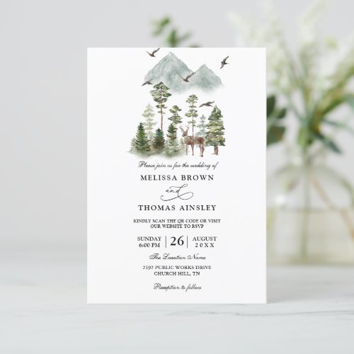 Forest Mountain Rustic Budget QR Code Wedding Invitation
