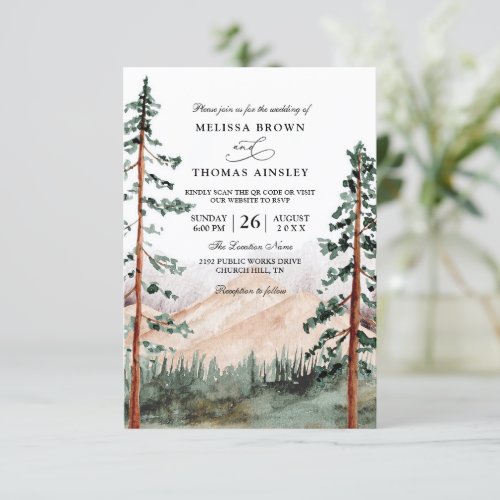 Forest Mountain Rustic Budget QR Code Wedding Invitation