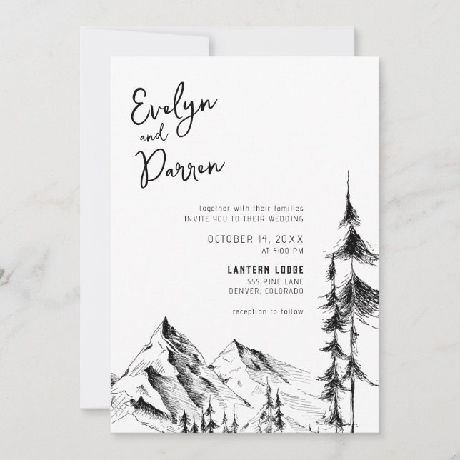 Forest Mountain Sketch Wedding Invitation (Front)