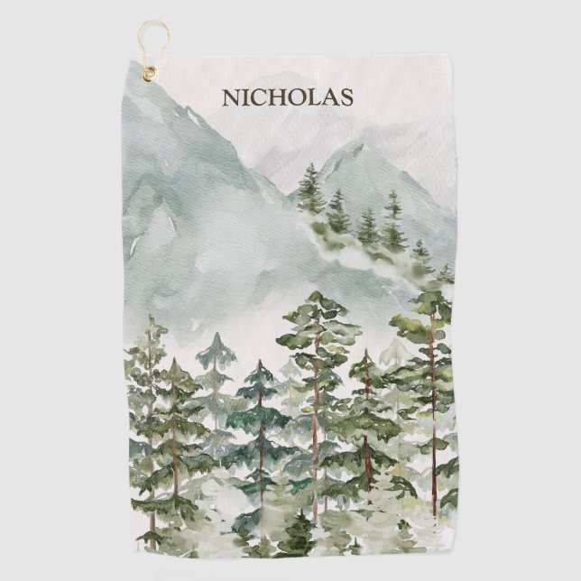 Forest Mountain Watercolor Landscape Golf Towel (Front)
