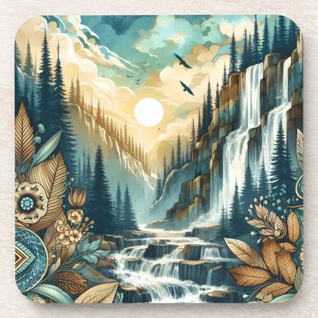 Forest Mountain Waterfall Boho Nature Pattern Beverage Coaster (Front)