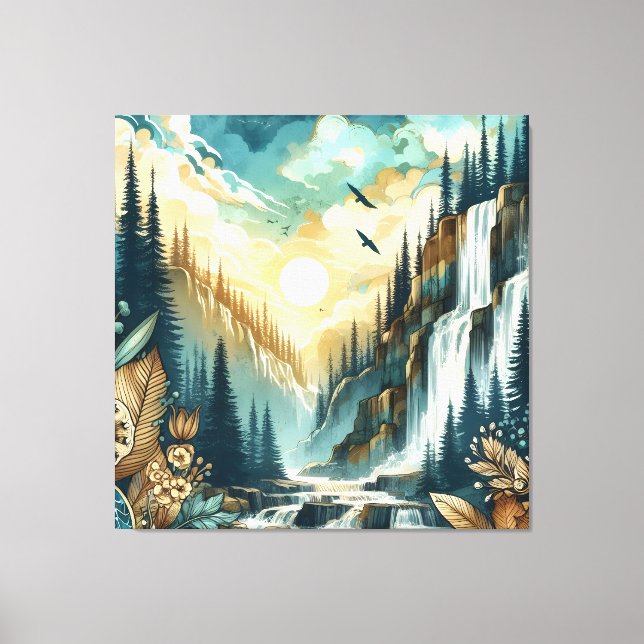 Forest Mountain Waterfall Boho Nature Pattern Canvas Print (Front)