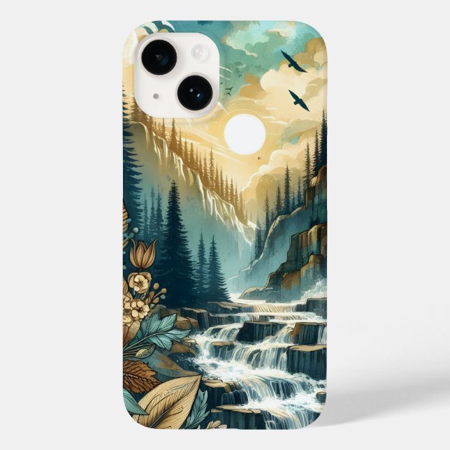 Forest Mountain Waterfall Boho Nature Pattern Case-Mate iPhone Case (Back)