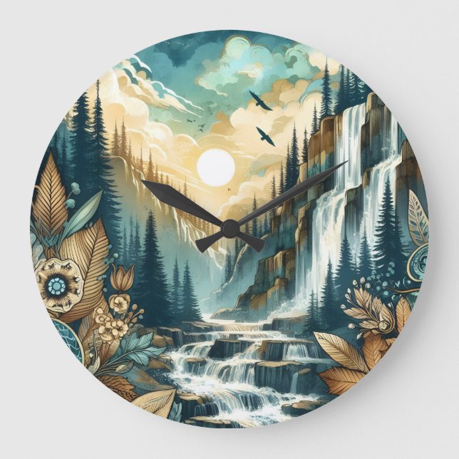 Forest Mountain Waterfall Boho Nature Pattern Large Clock (Front)