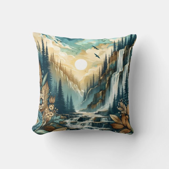 Forest Mountain Waterfall Boho Nature Pattern Throw Pillow (Front)