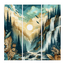 Forest Mountain Waterfall Boho Nature Pattern