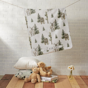 Forest Mountain Woodland Animals Monogram Baby Blanket