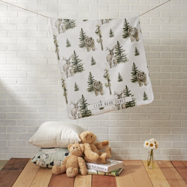 Forest Mountain Woodland Animals Monogram  Baby Blanket (In Situ)
