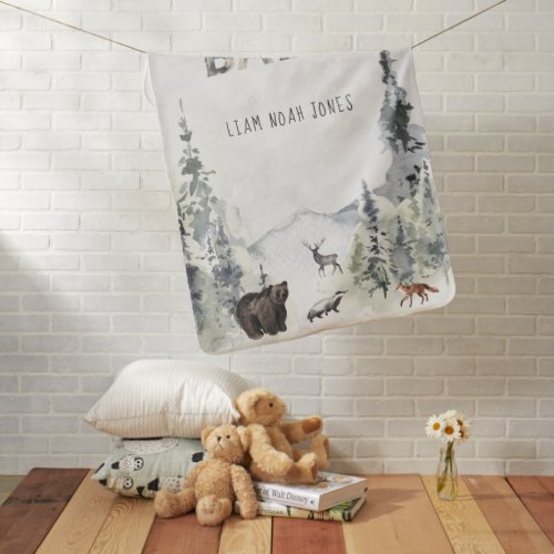 Forest Mountain Woodland Animals Monogram Baby Blanket