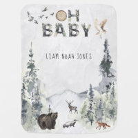 Forest Mountain Woodland Animals Monogram Baby Blanket