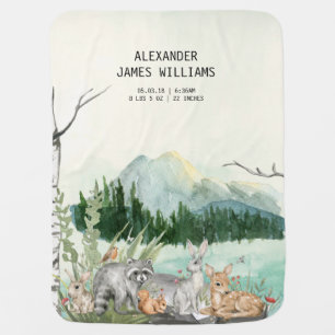 Forest Mountain Woodland Animals Monogram Baby Blanket