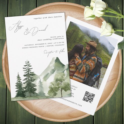 Forest Mountains Modern Script QR Code Wedding Invitation