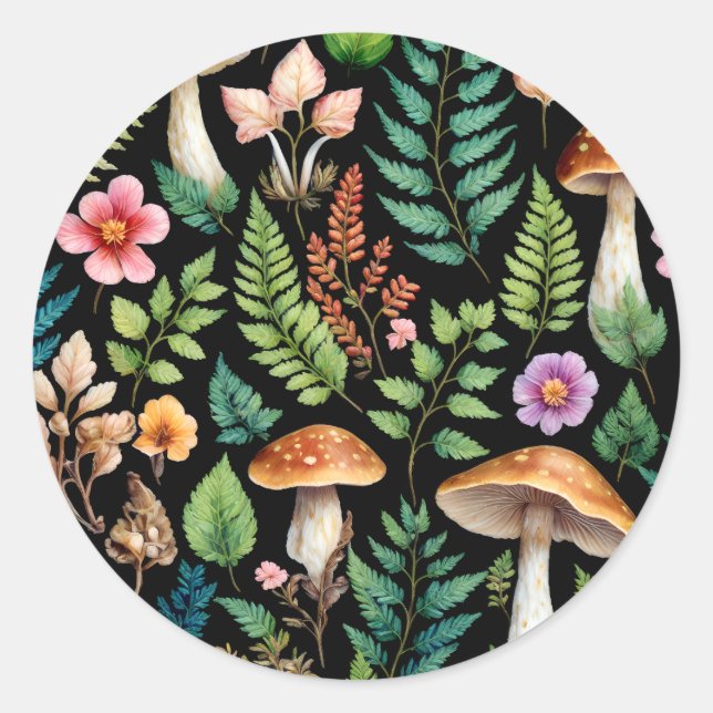 Forest Mushroom Fern Pattern Woodland Art Classic Round Sticker (Front)