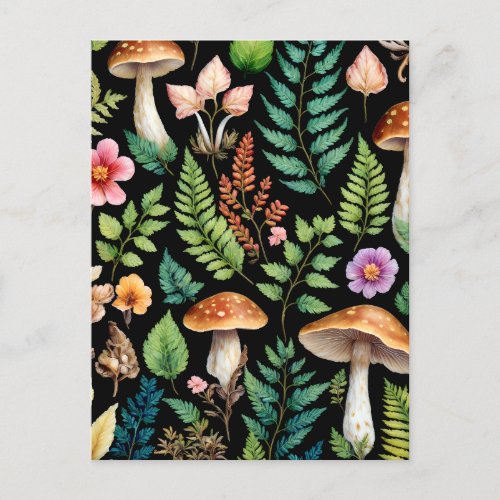 Forest Mushroom Fern Pattern Woodland Art Postcard