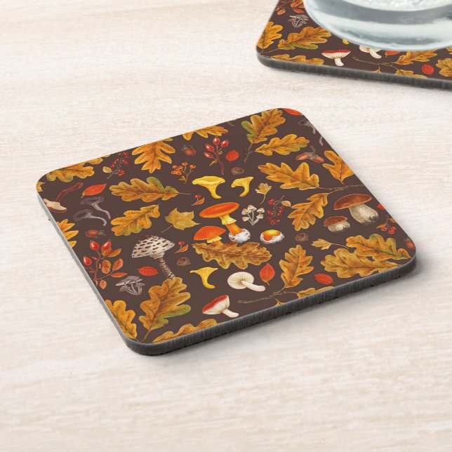 Forest mushrooms and autumn flora on brown beverage coaster (Left Side)