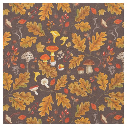 Forest mushrooms and autumn flora on brown fabric