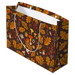 Forest mushrooms and autumn flora on brown large gift bag