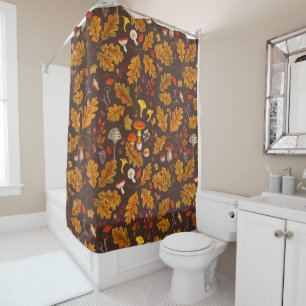 Forest mushrooms and autumn flora on brown shower curtain