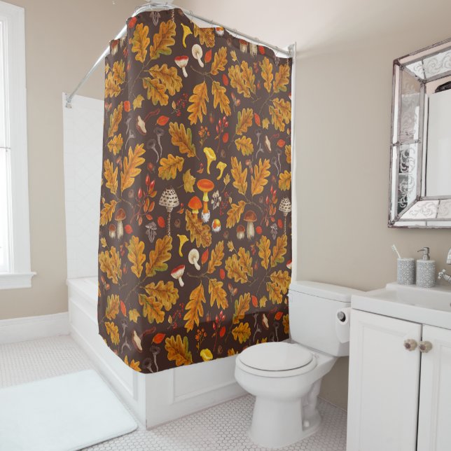 Forest mushrooms and autumn flora on brown shower curtain (In Situ)