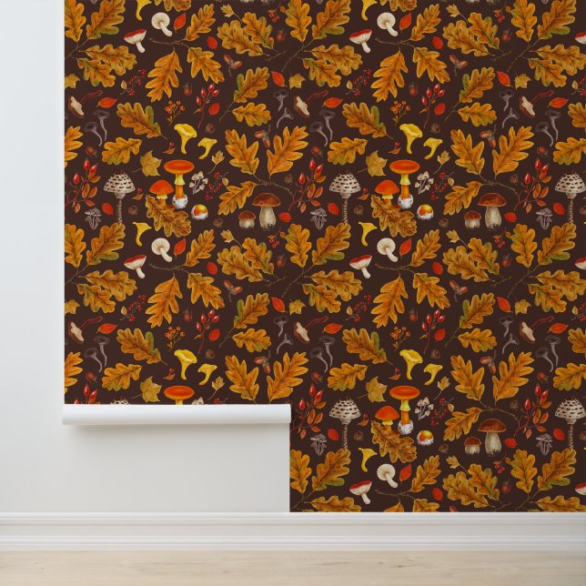Forest mushrooms and autumn flora on brown wallpaper  (Application)