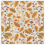 Forest mushrooms and autumn flora on cream fabric