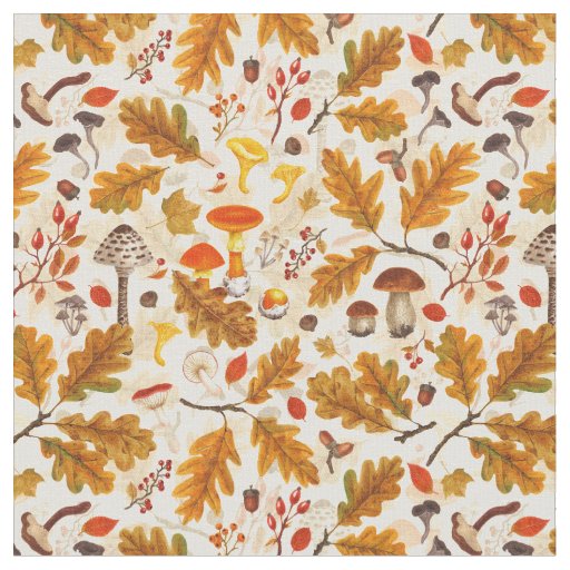 Forest mushrooms and autumn flora on cream fabric