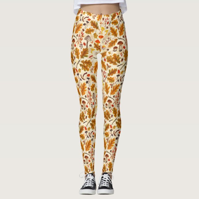 Forest mushrooms and autumn flora on cream leggings (Front)