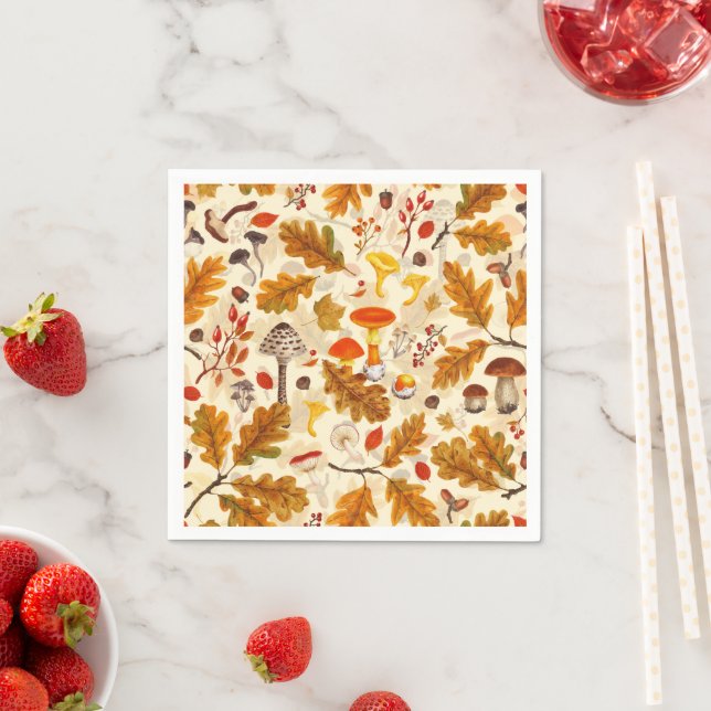 Forest mushrooms and autumn flora on cream napkins (Insitu)