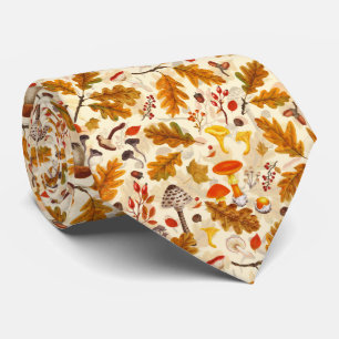 Forest mushrooms and autumn flora on cream neck tie