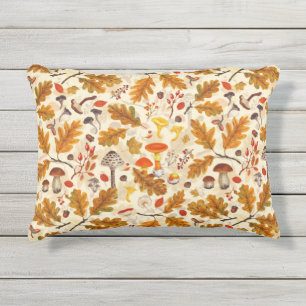 Forest mushrooms and autumn flora on cream outdoor pillow