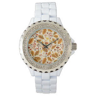 Forest mushrooms and autumn flora on cream watch