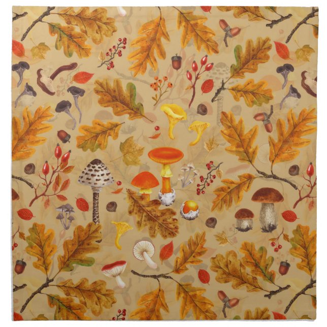 Forest mushrooms and autumn flora on ochre cloth napkin (Front)