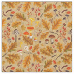 Forest mushrooms and autumn flora on ochre fabric