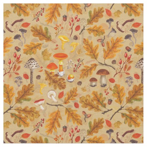 Forest mushrooms and autumn flora on ochre fabric