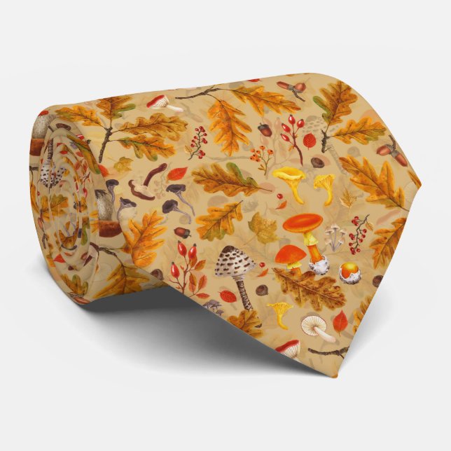 Forest mushrooms and autumn flora on ochre neck tie (Rolled)
