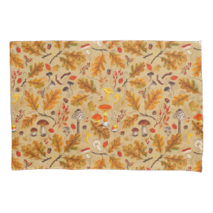 Forest mushrooms and autumn flora on ochre pillow case