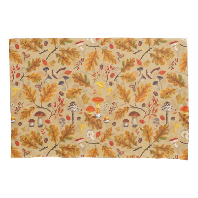 Forest mushrooms and autumn flora on ochre pillow case (Front-Left)