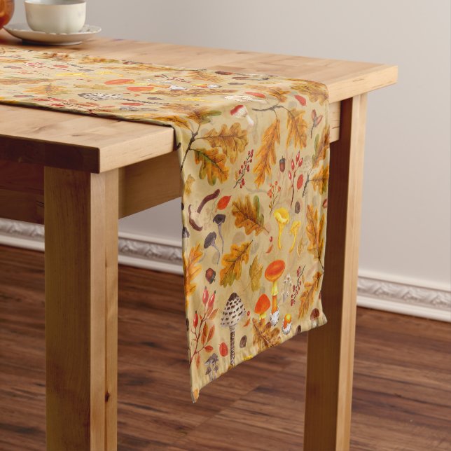 Forest mushrooms and autumn flora on ochre short table runner (In Situ)