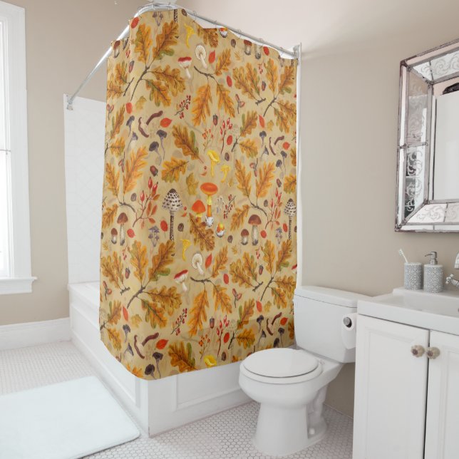 Forest mushrooms and autumn flora on ochre shower curtain (In Situ)