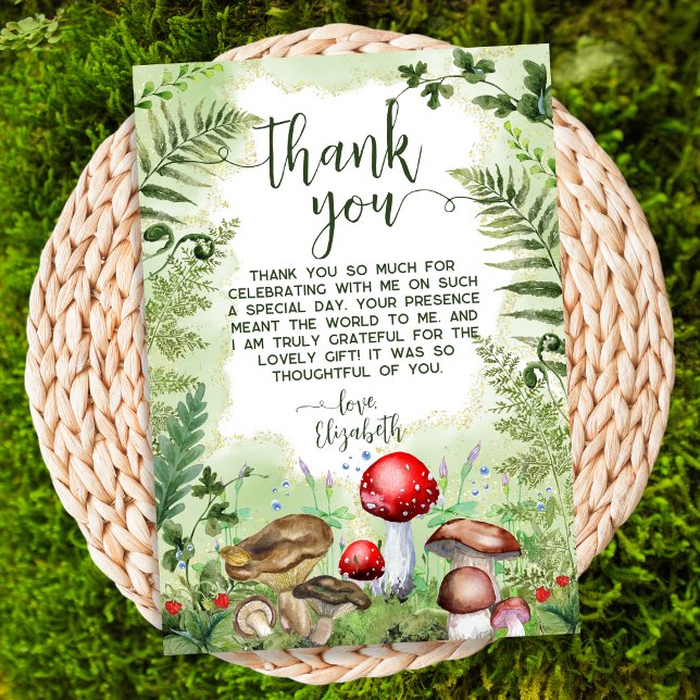 Forest Mushrooms Ferns Green Rustic Nature Script Thank You Card (Creator Uploaded)