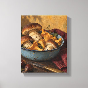 Forest Mushrooms in a Cool Blue Bowl   Kitchen Art Canvas Print