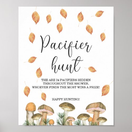 Forest mushrooms _ pacifier hunt baby shower game poster