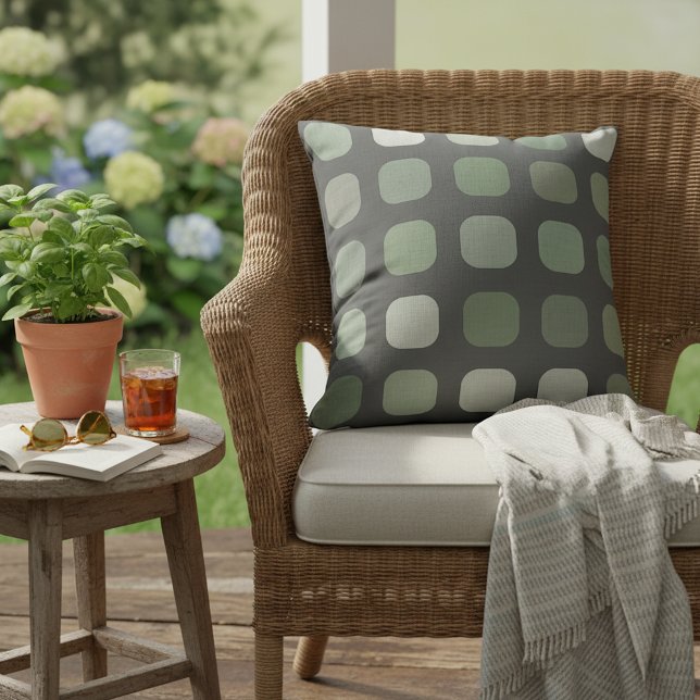 Forest Nature Green Round Squares Pattern On Gray Outdoor Pillow (Creator Uploaded)