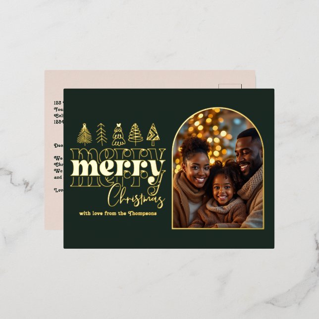Forest Noir & Champagne Blush Christmas Photo Foil Holiday Postcard (Front/Back)